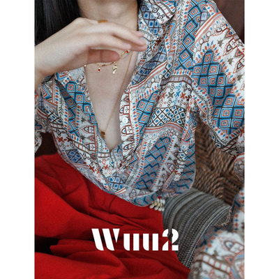 Wuu2复古异域印花苎麻衬衫女