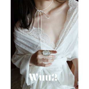 Wuu2 妃子笑 绝美仙气蕾丝白色亚麻衬衫女绑带蝙蝠袖新中式上衣夏