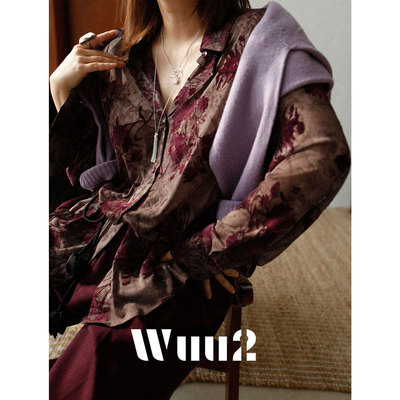 Wuu2那慕尔复古网纱植绒花衬衫