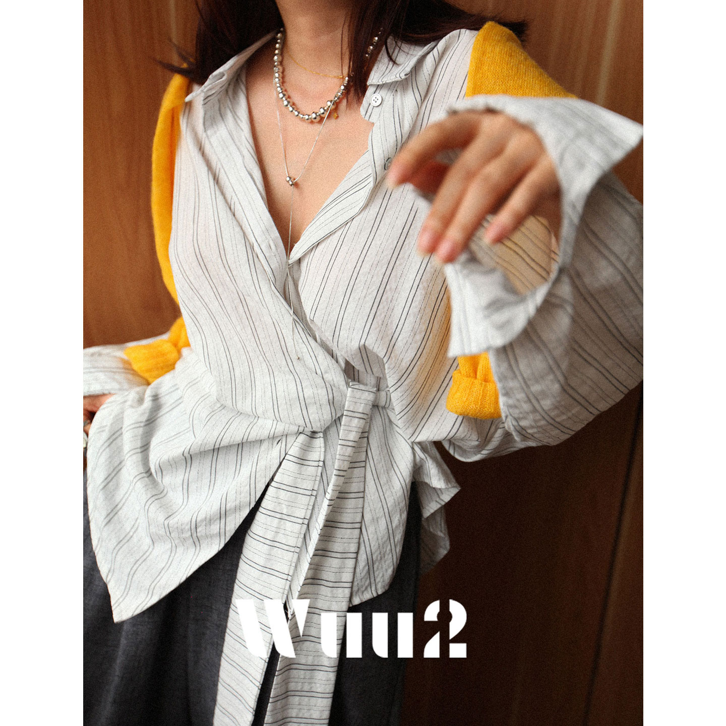Wuu2法式绑带条纹白衬衫
