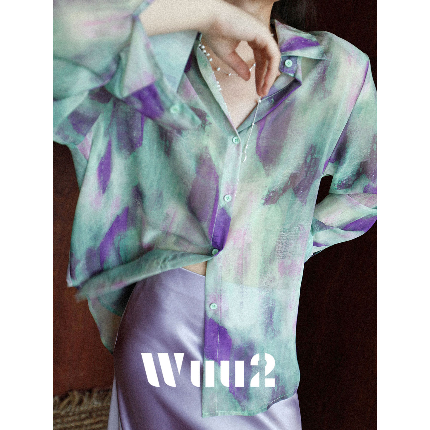 Wuu2小众晕染印花薄款女衬衫
