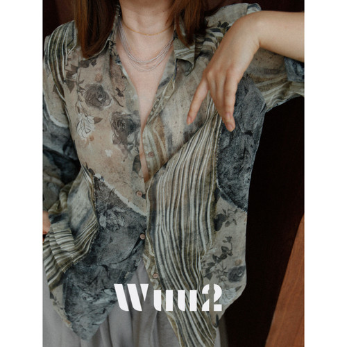 Wuu2忒休斯复古抽象印花衬衫女