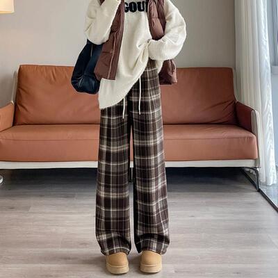 格子毛呢裤女春款秋022窄5新款高腰显瘦垂感版直筒宽裤子冬JWY