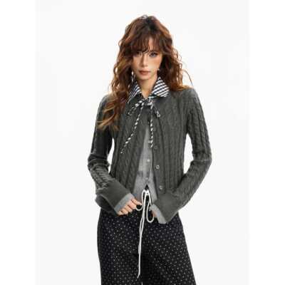 美式套灰色麻花po织o领假两件毛衣外女NTNG秋l冬季宽松短款针开衫