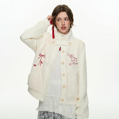 Cyi甜美冬针织拼接兔毛外套上衣夹棉开 N衫加绒加厚2BUO024软糯温