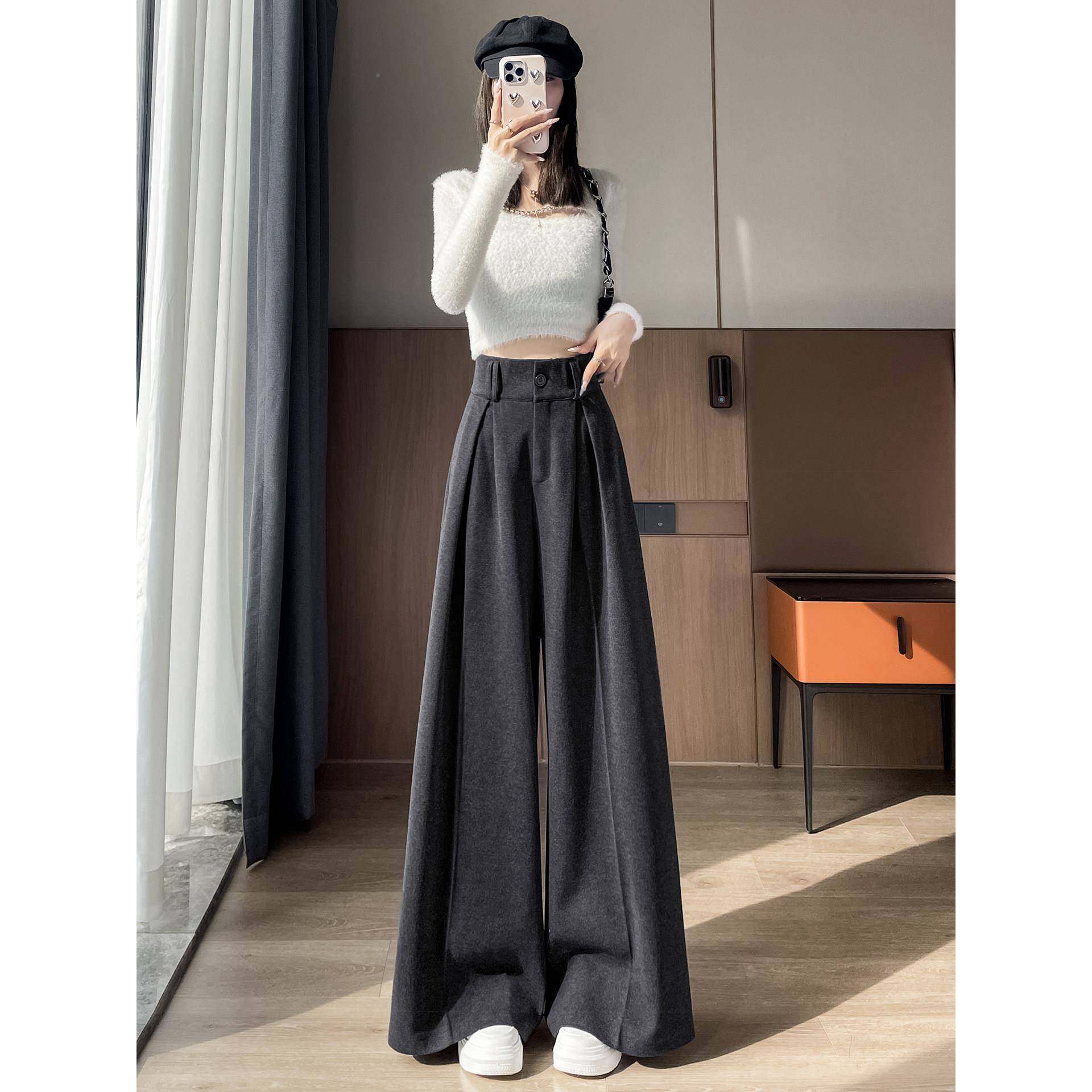 高级感加绒加厚VTJ灰色毛显呢西装裤女宽冬季松瘦垂感拖地阔腿裤