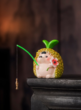 创意可爱刺猬钓鱼装饰鱼缸造景流水摆件树脂动物工艺品办公桌摆设