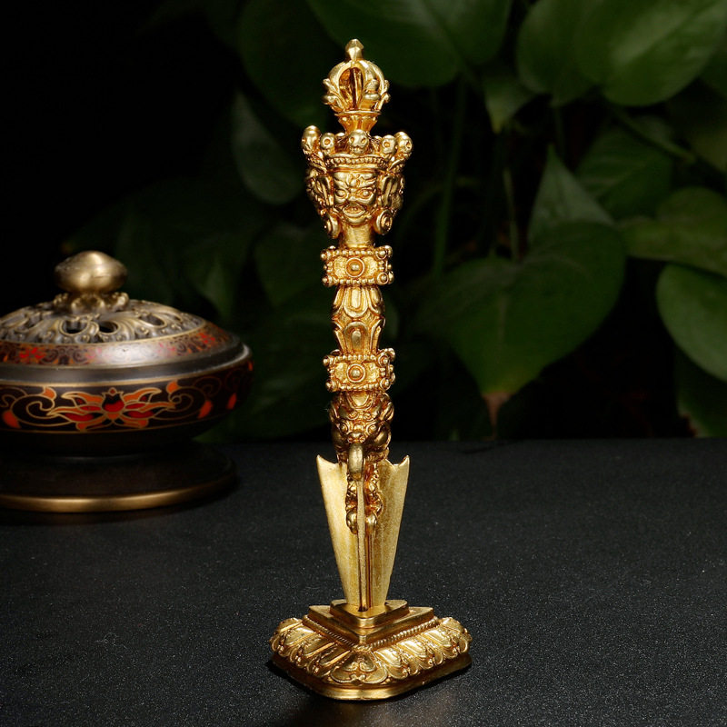 尼泊尔纯铜金刚杵三面普巴金刚降魔杵金刚橛供奉用带底座摆件