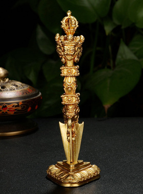 尼泊尔纯铜金刚杵三面普巴金刚降魔杵金刚橛供奉用带底座摆件
