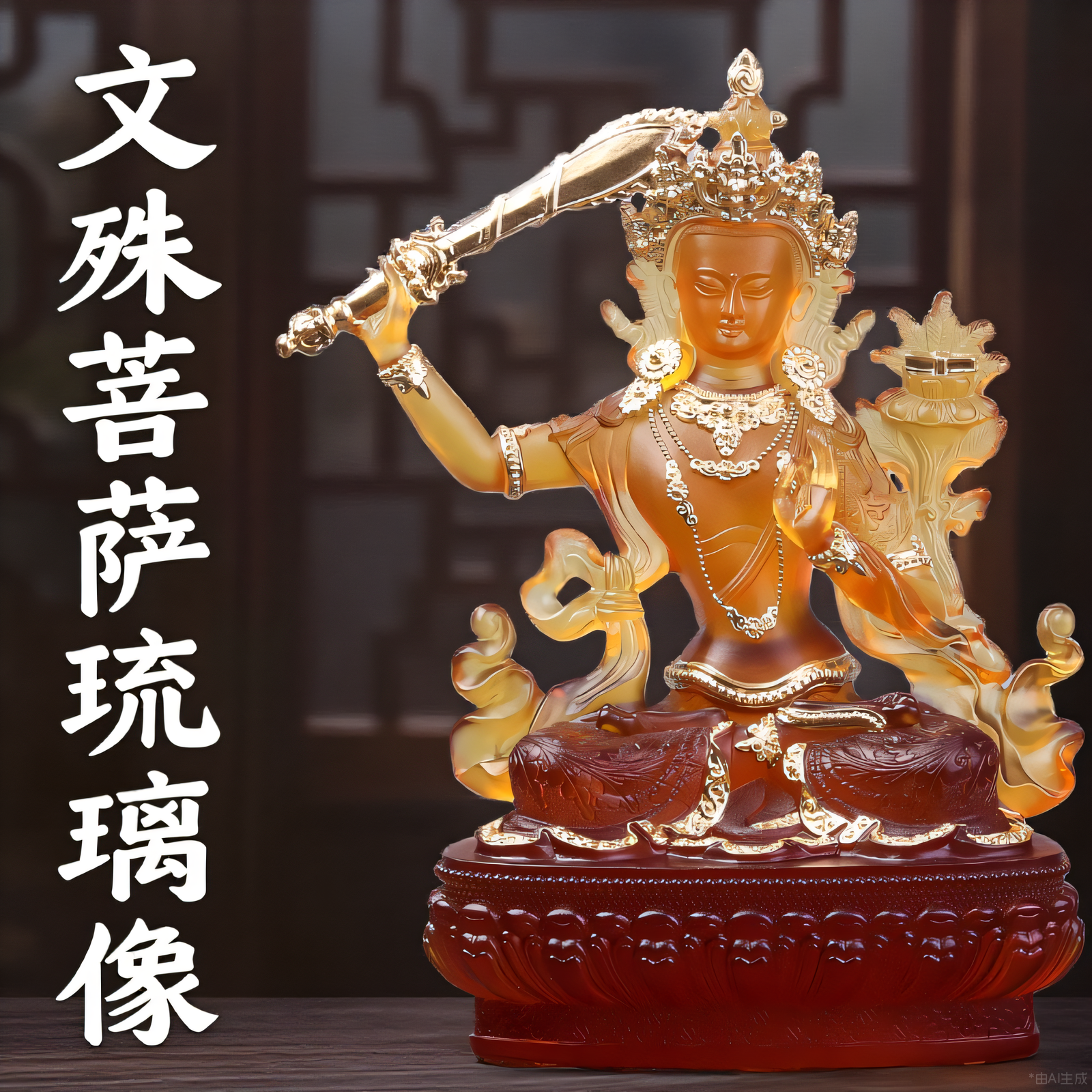 琉璃文殊菩萨密宗佛像贴金佛堂家居供奉庄严中式工艺摆件密宗