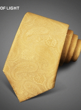 JOY OF LIGHT男士黄色手打正装西装复古领带8cm金色锦鲤口袋巾潮
