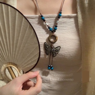 蝴蝶项链长款项链女新中式民族风古着中古古风复古蝴蝶毛衣链