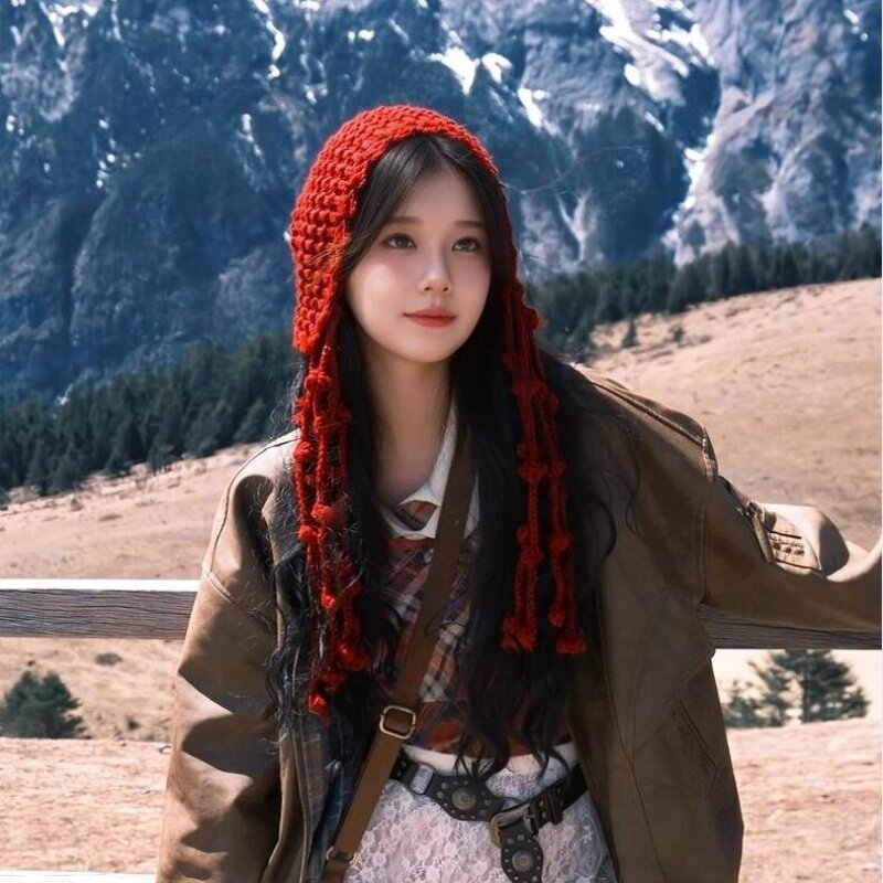 女帽子冬川西旅游红色流苏球针织包头帽女秋冬出游草原毛线帽