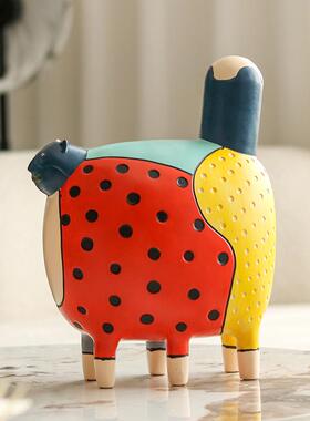 创意抽象彩绘动物卡通摆件现代简约样板间艺术波点七彩猫软装饰品