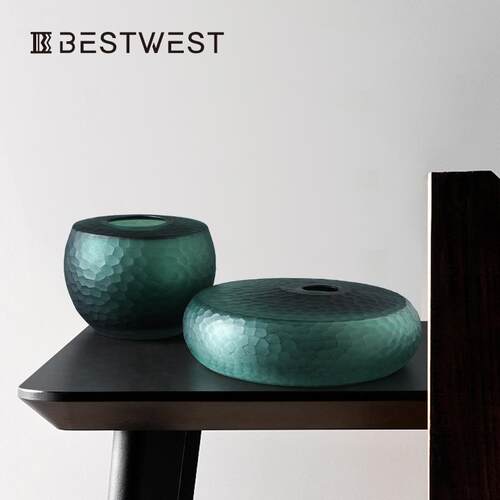 Best west 中古风高档扁平鱼鳞纹玻璃花瓶花器 家居绿色中式摆件