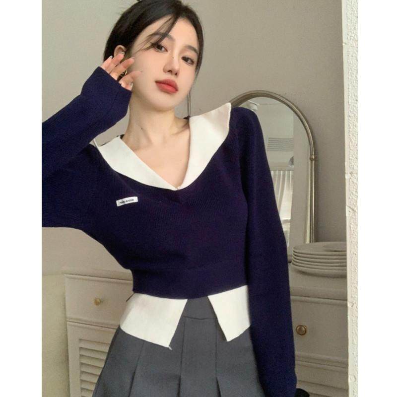 学院风v领撞色毛衣女春秋新款别致独特短款上衣假两件针织打底衫,女装/女士精品,毛针织衫,淘宝优惠券,粉丝福利购,淘宝优惠卷