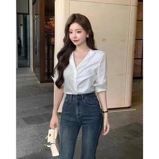 气质Polo领职场通勤风面试白衬衫女夏季休闲长袖衬衣别致漂亮上衣