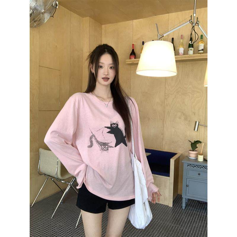 红人馆长袖t恤女2025新款初秋正肩慵懒风粉色超好看独特漂亮上衣,女装/女士精品,T恤,淘宝优惠券,粉丝福利购,淘宝优惠卷