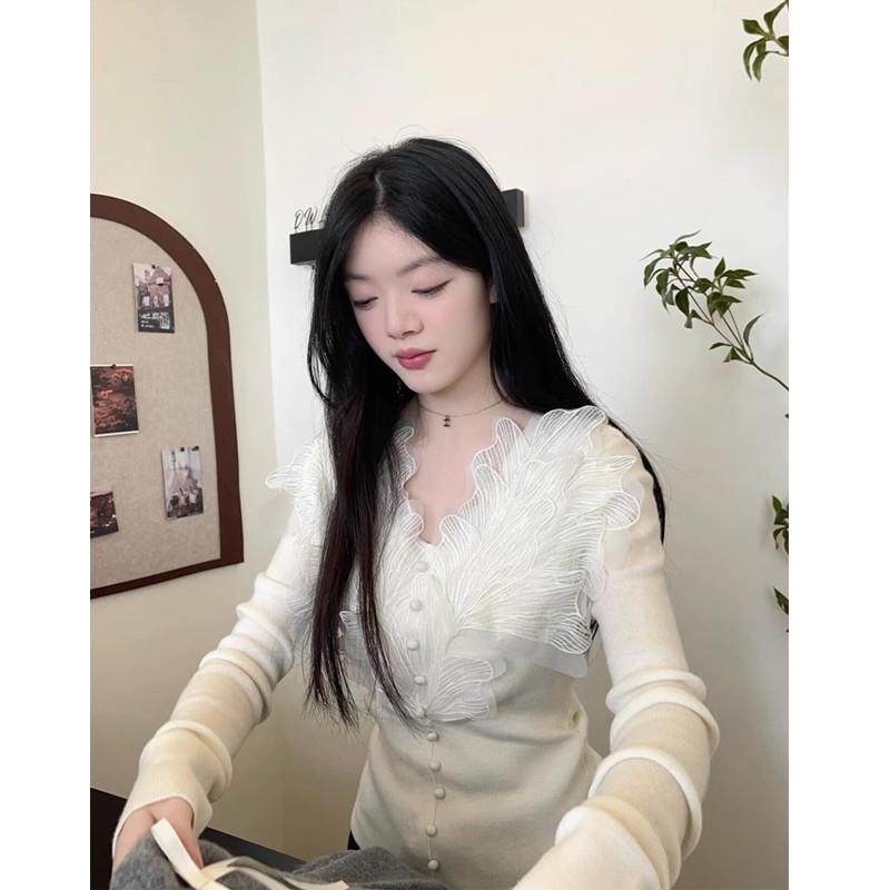 法式V领重工花瓣蕾丝针织开衫女春秋气质修身打底衫精致绝美上衣,女装/女士精品,毛针织衫,淘宝优惠券,粉丝福利购,淘宝优惠卷