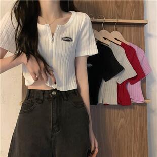 辣妹拉链针织衫新款女装2026春款设计感小众短款紧身显瘦短袖上衣