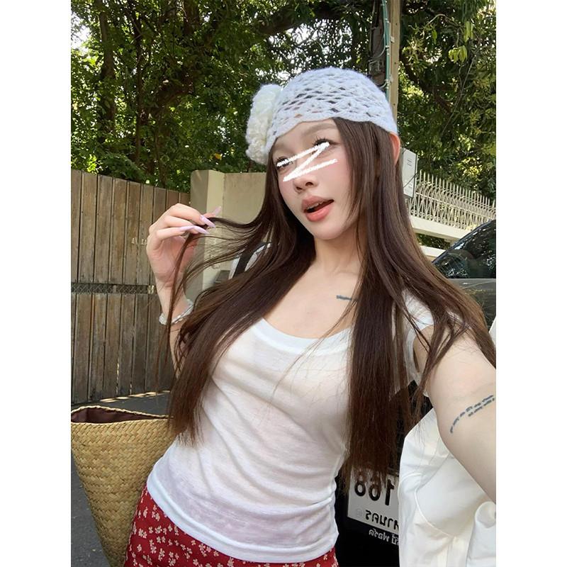 kumikumi纯欲性感微透短袖T恤女装夏季简约修身显瘦百搭纯色上衣图片