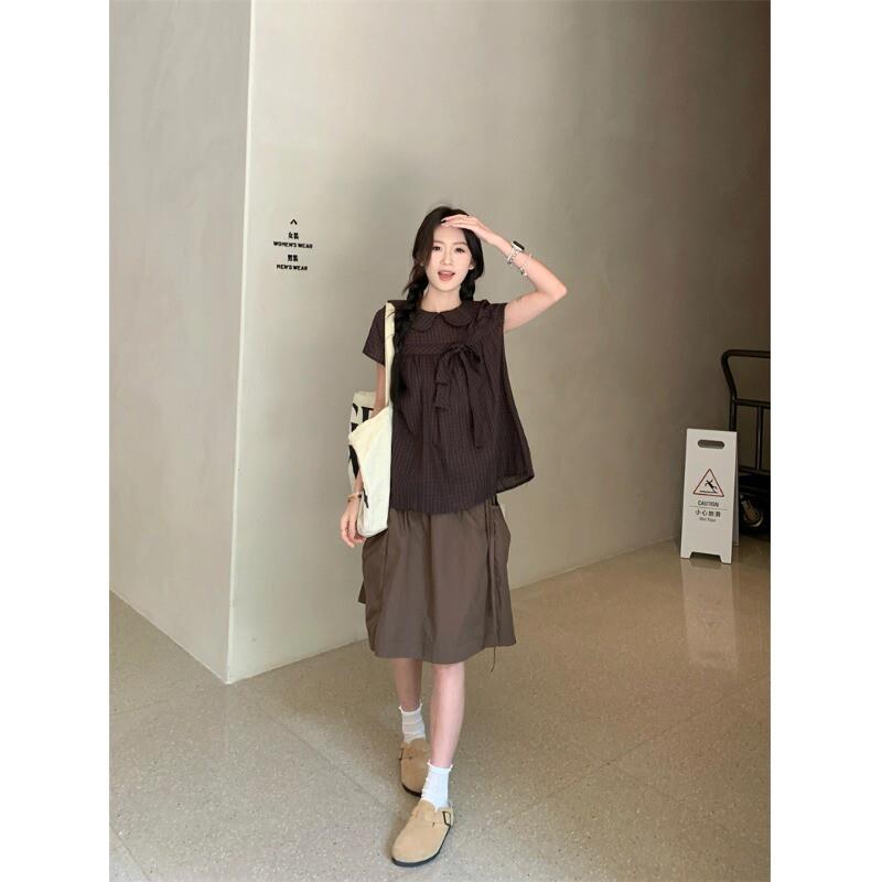 kumikumi复古套装格子蝴蝶结短袖衬衫女夏季宽松半身裙中裙两件套图片