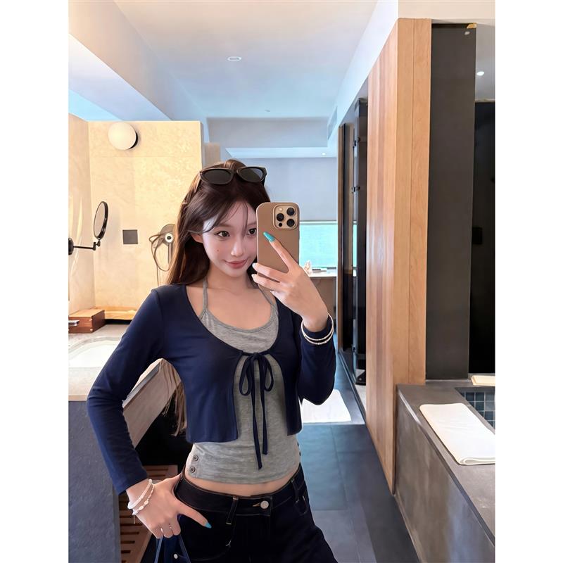 kumikumi自制蓝色系带七分袖开衫女装夏季叠穿挂脖吊带背心两件套图片