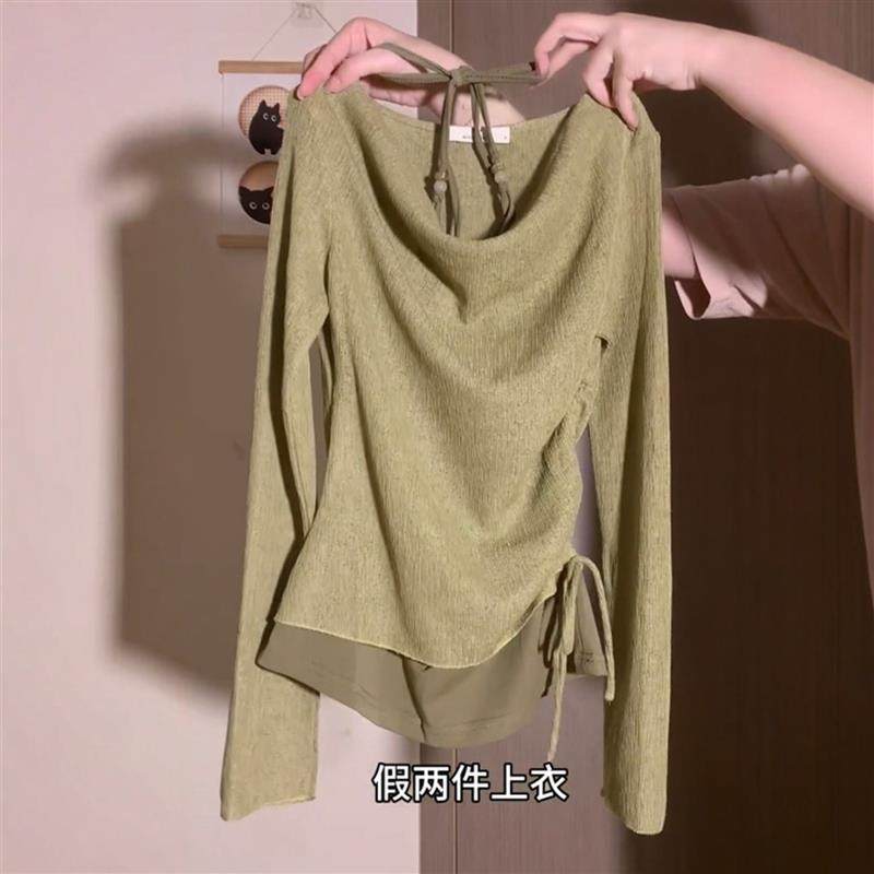 芥末绿荡领拼接假两件T恤女秋季美式复古辣妹挂脖独特抽绳短上衣,女装/女士精品,T恤,淘宝优惠券,粉丝福利购,淘宝优惠卷