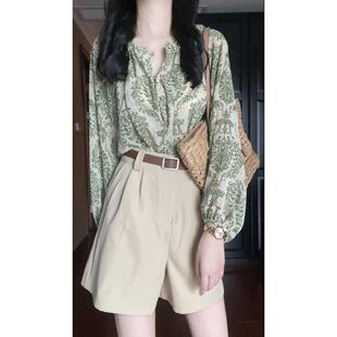 法式绿色碎花v领灯笼袖防晒长袖绿花雪纺衬衫女夏季宽松薄款上衣