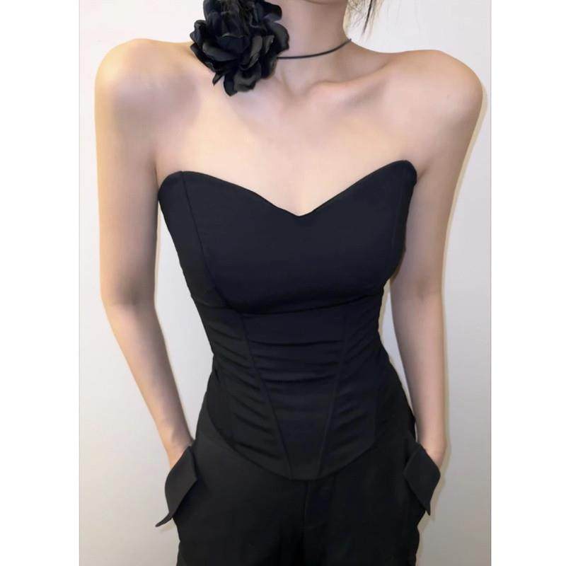 黑色西装一字肩鱼骨抹胸背心女夏季辣妹修身设计感外穿带胸垫上衣,女装/女士精品,抹胸,淘宝优惠券,粉丝福利购,淘宝优惠卷