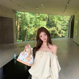 kumikumi纯欲风一字肩系带长袖卫衣女装秋季显瘦休闲裤短裤两件套