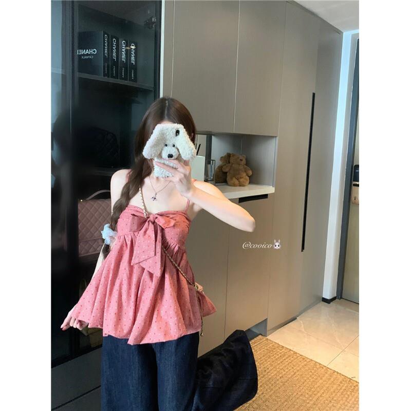 kumikumi减龄红色波点蝴蝶结背心吊带女夏季别致显瘦新款无袖上衣图片