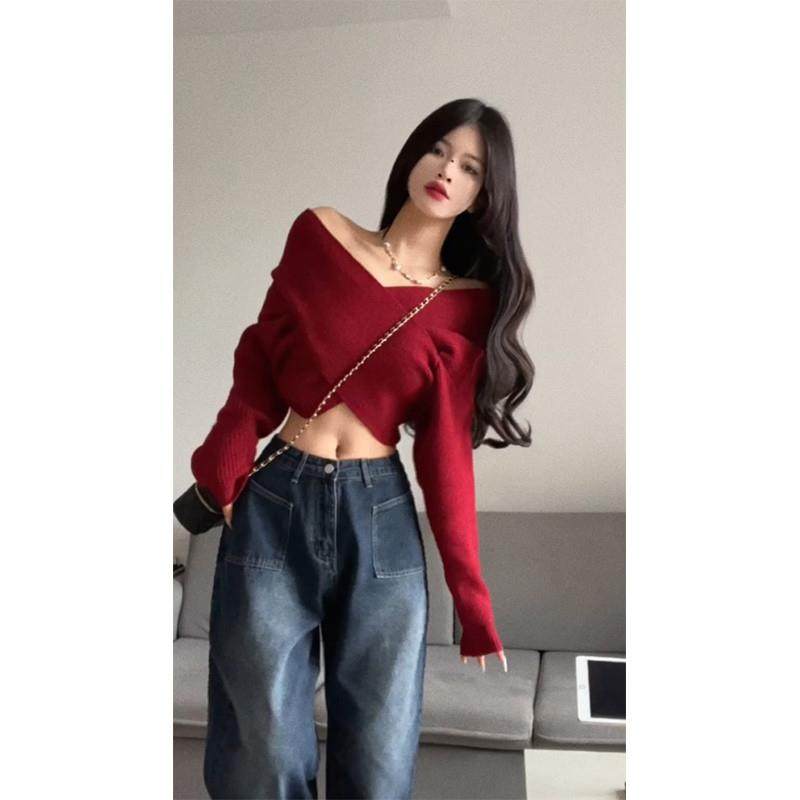 酒红色交叉v领针织毛衣女春秋甜辣妹短款露肩打底衫气质显瘦上衣,女装/女士精品,毛衣,淘宝优惠券,粉丝福利购,淘宝优惠卷