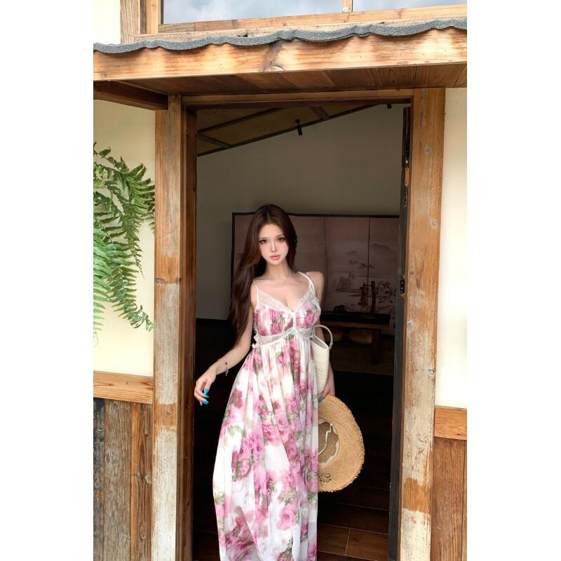 kumikumi法式气质杏紫色蕾丝吊带连衣裙女装夏季别致减龄显瘦长裙图片