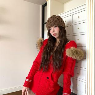 kumikumi设计感红色气质小众别致长袖毛衣开衫女秋季显瘦百搭上衣