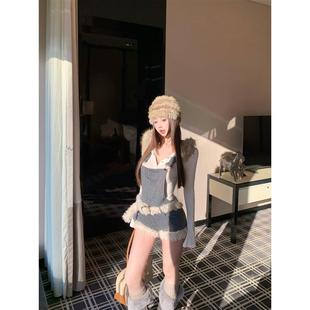 kumikumi时尚套装毛毛领连帽T恤女秋冬麻花针织背带裤短裤两件套