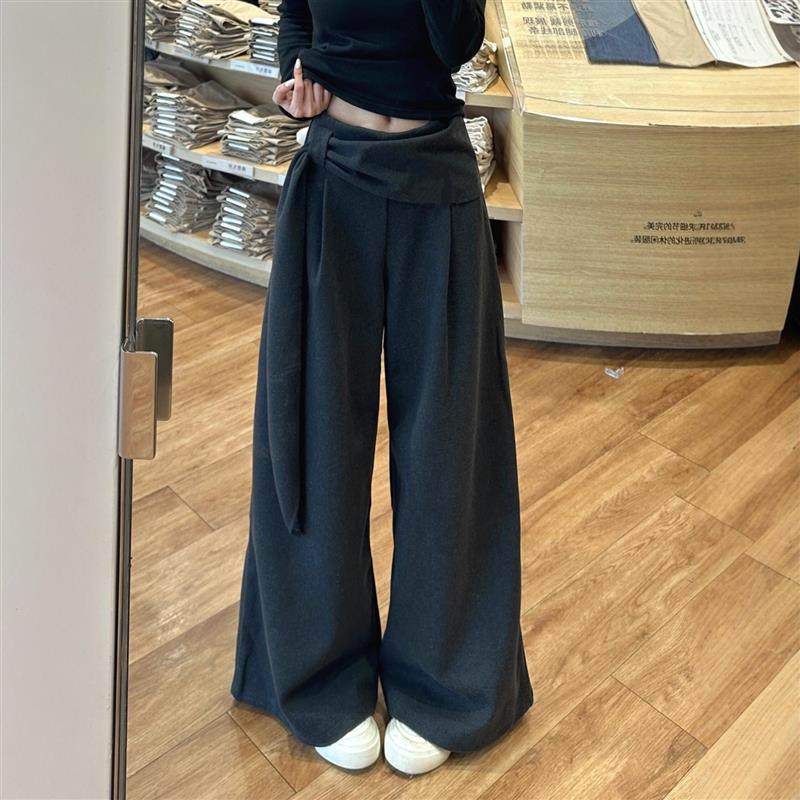 秋冬加厚灰色毛呢高腰绑带阔腿裤女宽松显瘦休闲裤垂坠感拖地裤,女装/女士精品,休闲裤,淘宝优惠券,粉丝福利购,淘宝优惠卷