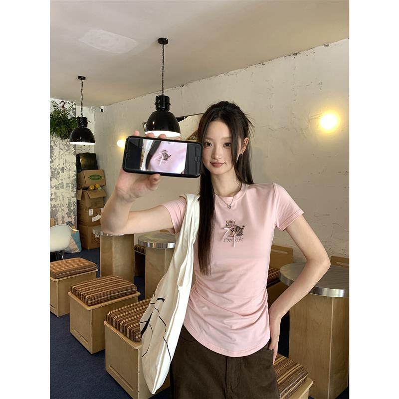 红人馆短袖t恤女2025新款夏天巨好看正肩粉色韩里韩气设计感上衣,女装/女士精品,T恤,淘宝优惠券,粉丝福利购,淘宝优惠卷