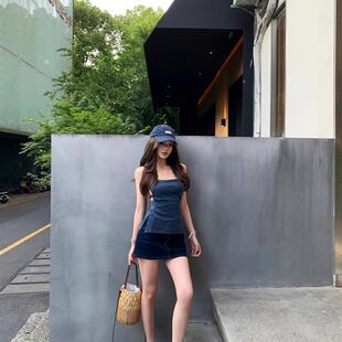 Kumikumi性感性感露背背心吊带女士夏季修身牛仔裙短裙两件套