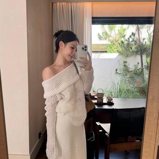 kumikumi气质套装镂空斜肩长袖针织衫女秋季垂感高腰半身裙两件套