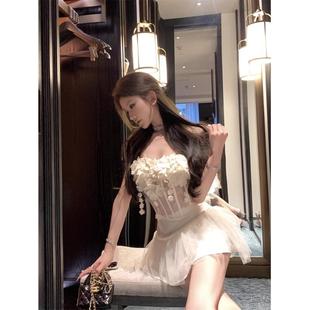 kumikumi甜辣妹套装立体花朵微透抹胸女夏季网纱蓬蓬半身裙两件套