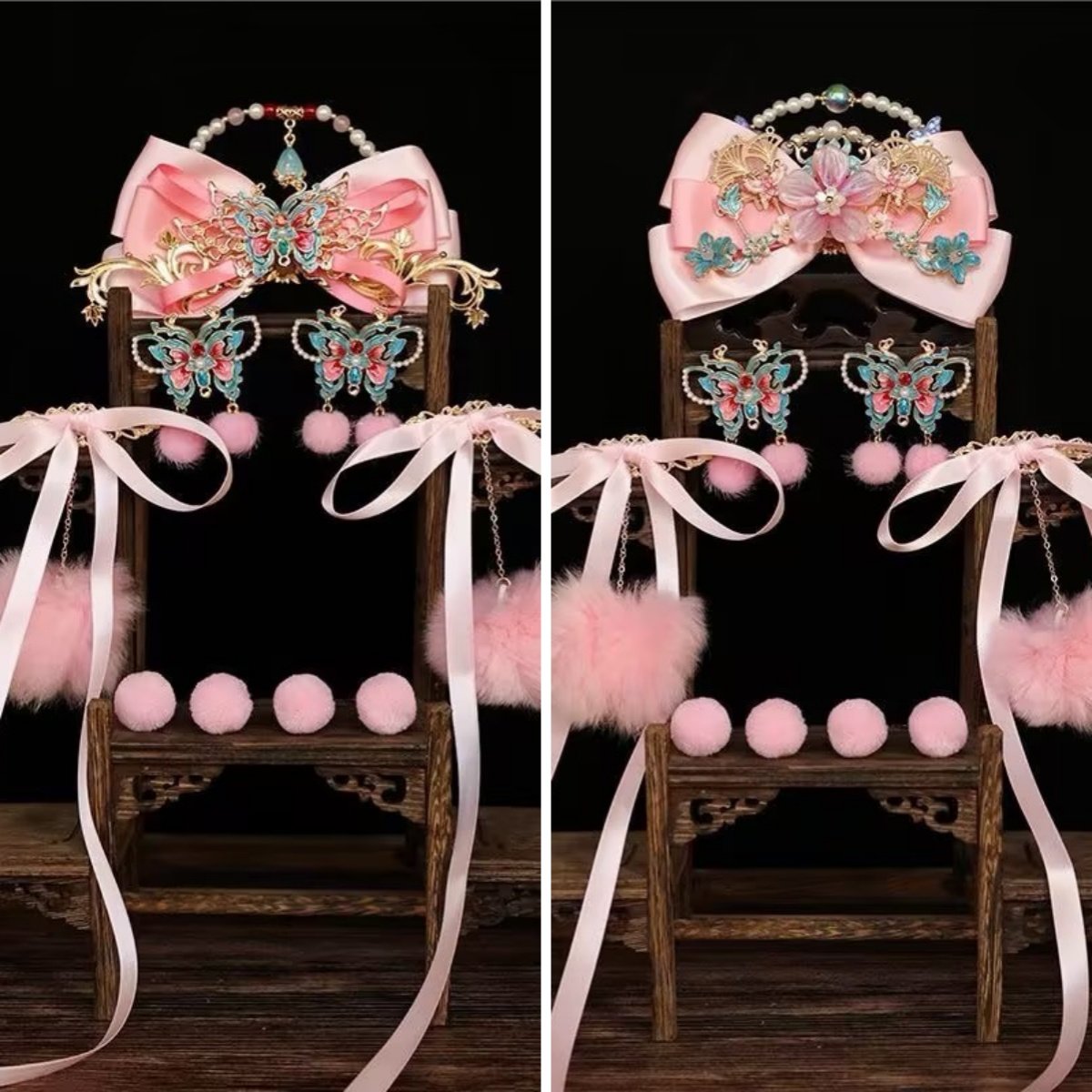 超仙粉色公主发冠唐风清新点缀头饰儿童仙气粉色皇冠毛球飘带发夹