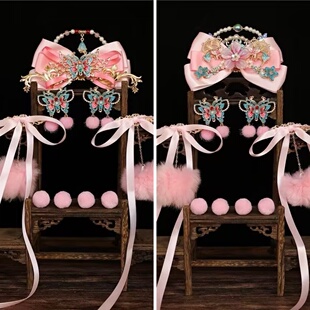 超仙粉色公主发冠唐风清新点缀头饰儿童仙气粉色皇冠毛球飘带发夹