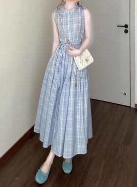 蓝色显瘦背心HOT新款格子包邮夏季法式NEW吊带2025长裙无袖连衣裙