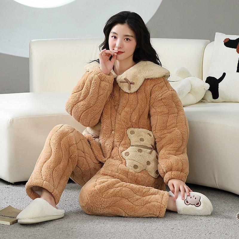 女士家居棉服特厚三层夹棉睡衣冬季加厚款可外穿睡衣女套装家居服
