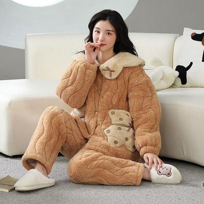 女士家居棉服特厚三层夹棉睡衣冬季加厚款可外穿睡衣女套装家居服