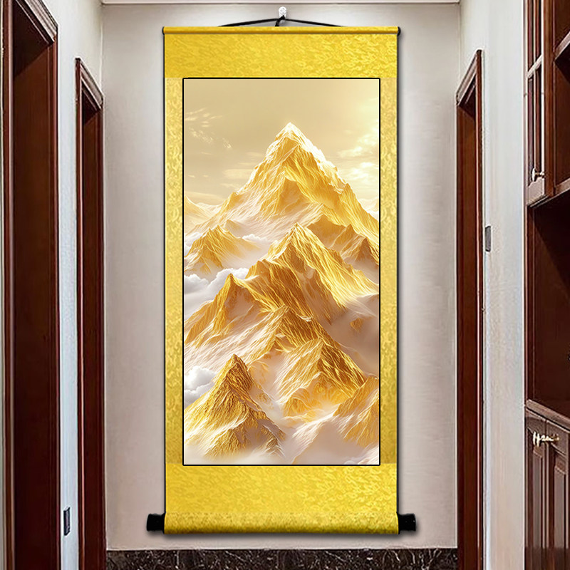国画背靠日照金山画靠山图卷轴山水挂画客厅沙发墙背景床头装饰画