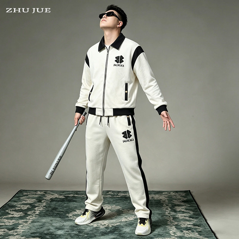 欧货轻奢男士撞色拼接套装