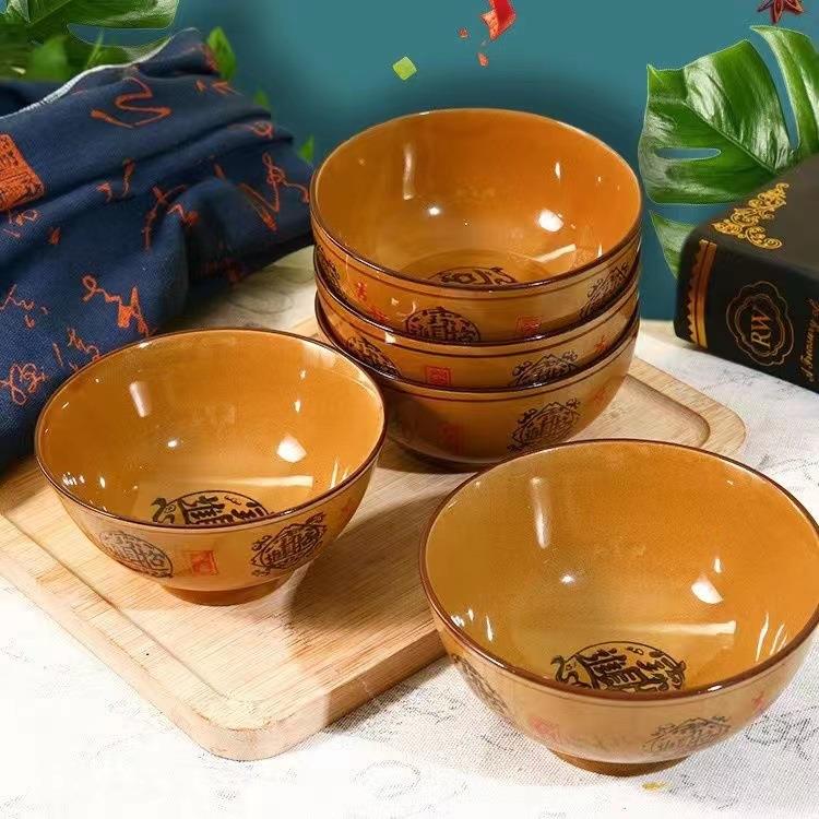 家用高脚碗直口碗招财进宝陶瓷碗加厚防烫餐具小碗酒店饭店吃饭碗