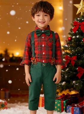 Christmas圣诞节服装男童长袖格子衬衫背带裤套装派对绅士礼服装